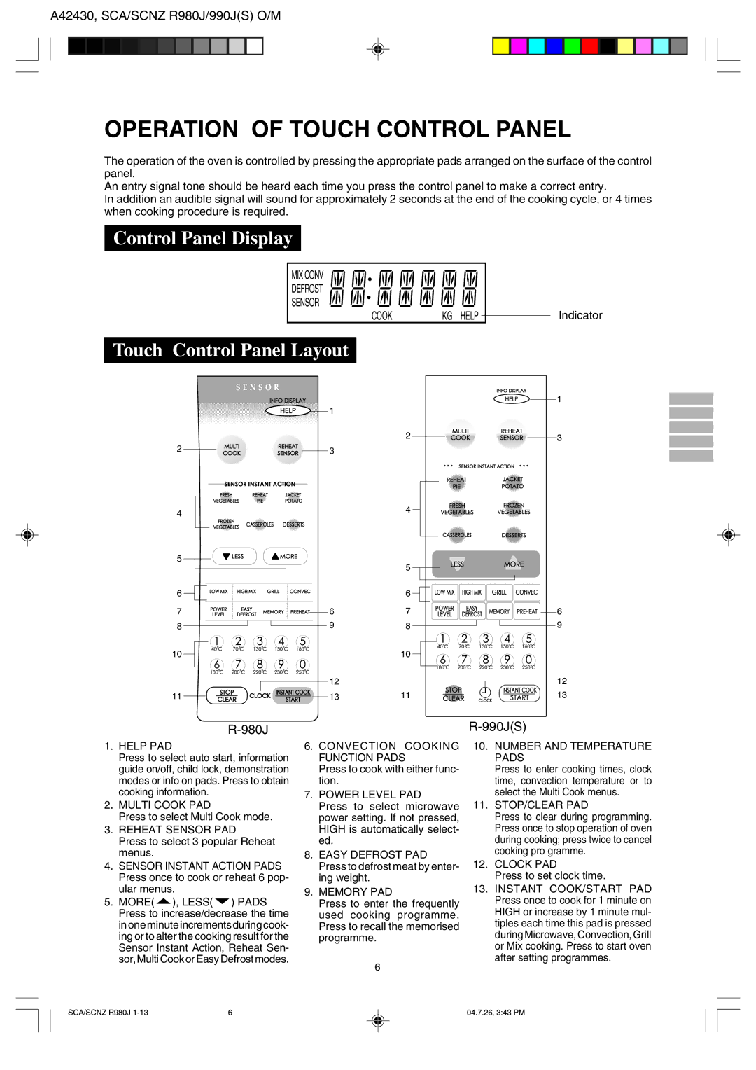 Sharp R-980J, R990J(S) operation manual Operation of Touch Control Panel, Control Panel Display, Touch Control Panel Layout 