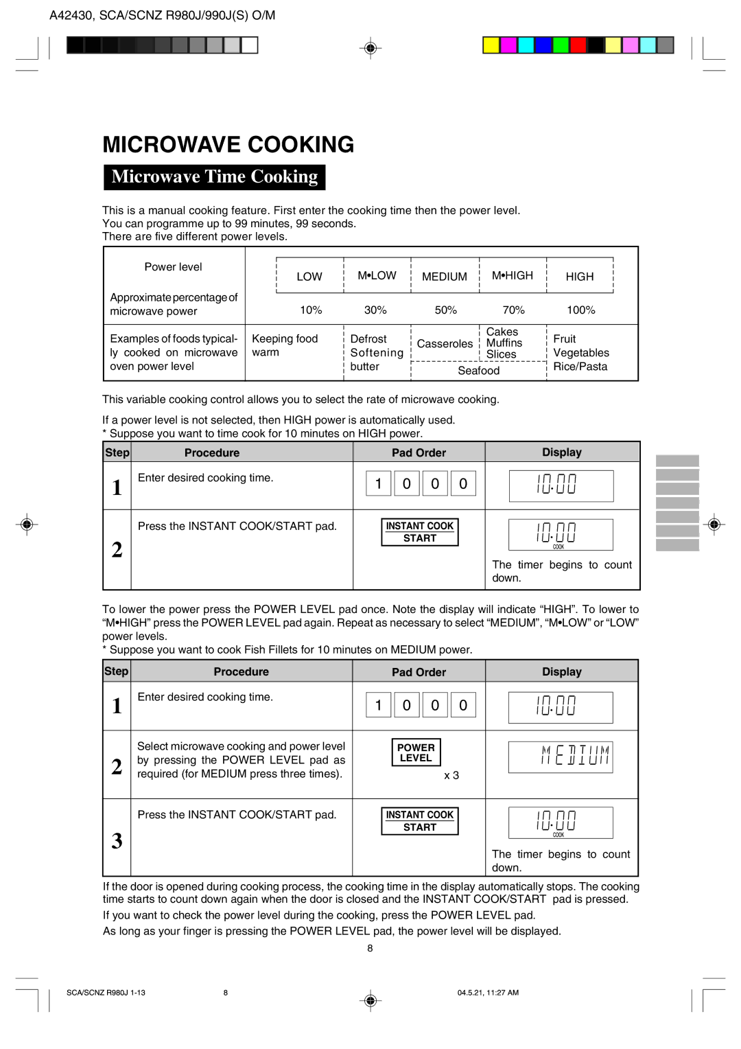 Sharp R-980J, R990J(S) operation manual Microwave Cooking, Microwave Time Cooking, Timer begins to count, Down 