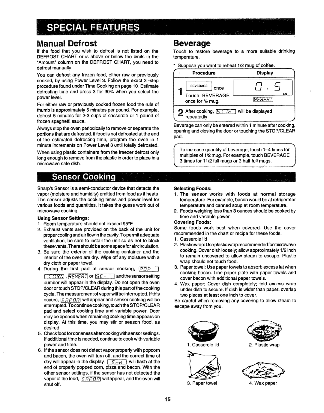 Sharp R9H66, R9H94B manual Manual Defrost, Beverage 