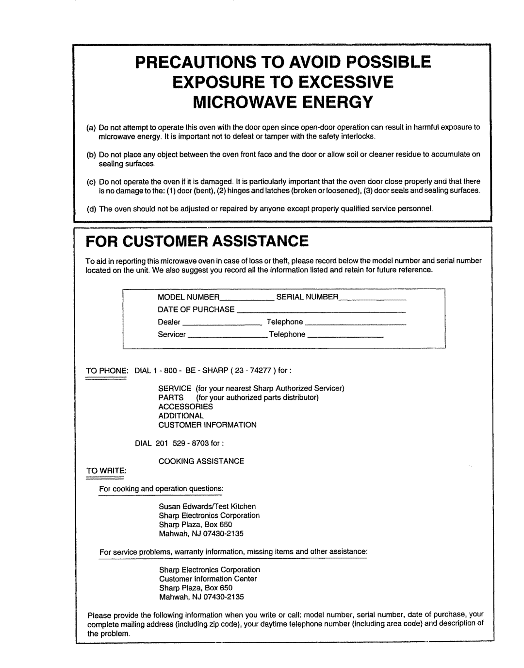 Sharp R9H94B, R9H66 manual Serial, For cooking and operation questions, Sharp Electronics Corporation 