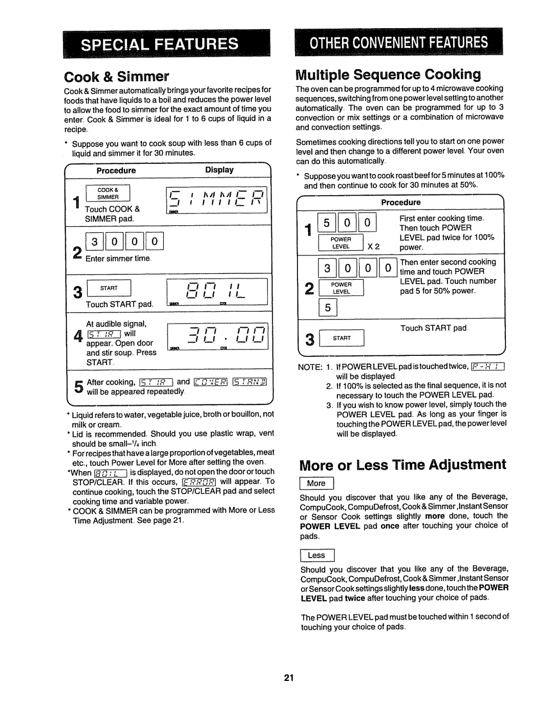 Sharp R9H66, R9H94B manual Cook & Simmer, Multiple Sequence Cooking, More or Less Time Adjustment, I1 /l, Power 