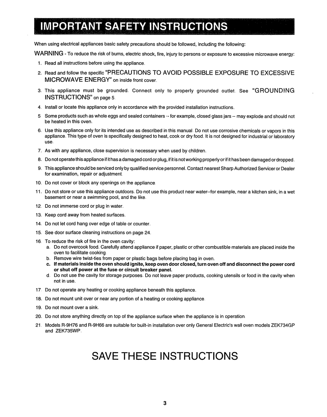 Sharp R9H66, R9H94B manual Microwave Energy on inside front cover, Instructions onpage 