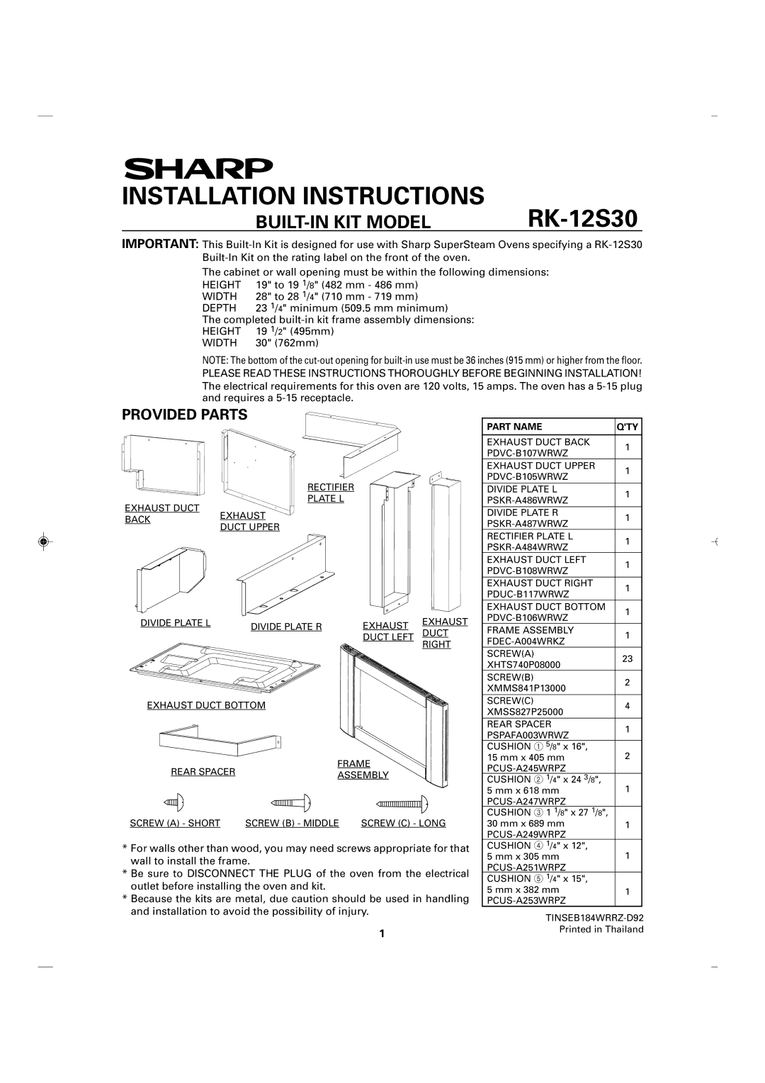 Sharp RK-12S30 installation instructions Installation Instructions, Provided Parts 