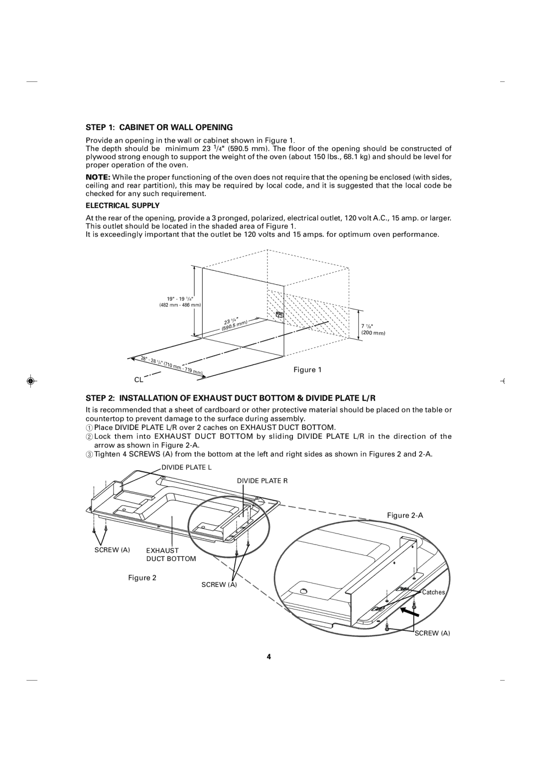 Sharp RK-12S30 installation instructions Cabinet or Wall Opening, Installation of Exhaust Duct Bottom & Divide Plate L/R 