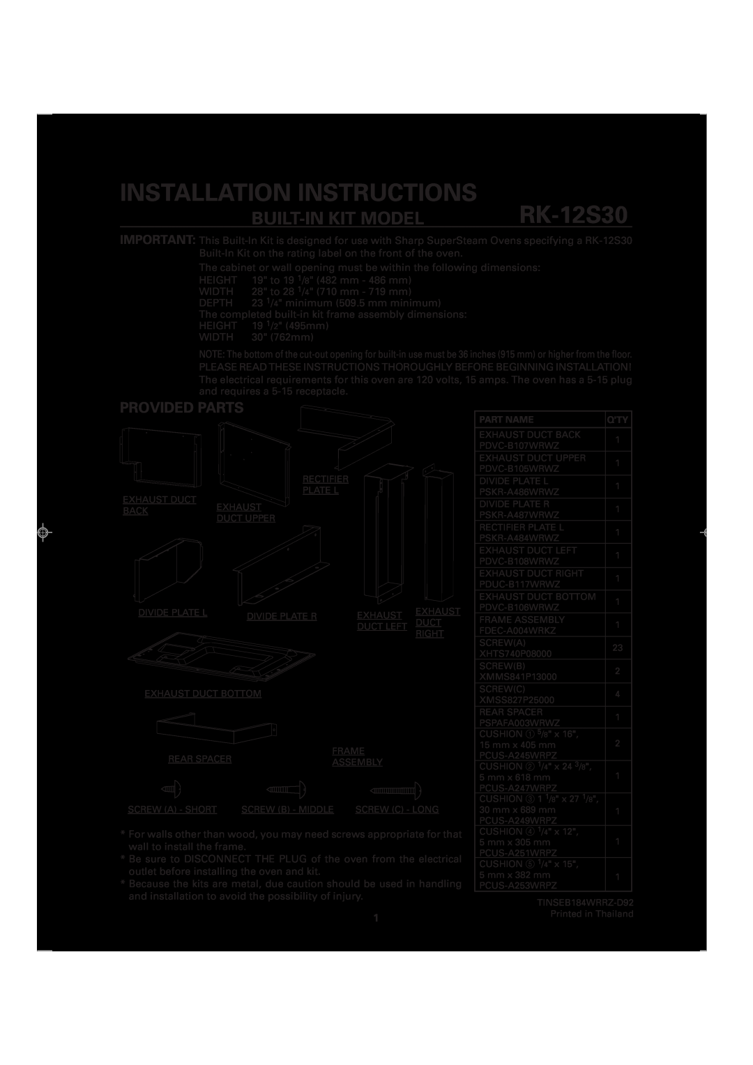 Sharp RK-12S30 installation instructions Provided Parts, Installation Instructions, Built-In Kit Model 