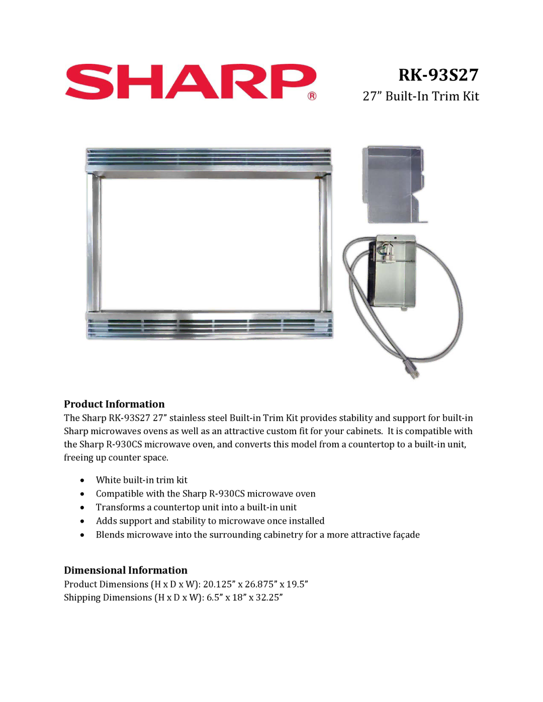 Sharp RK93S27 dimensions RK-93S27, Built-In Trim Kit, Product Information, Dimensional Information 