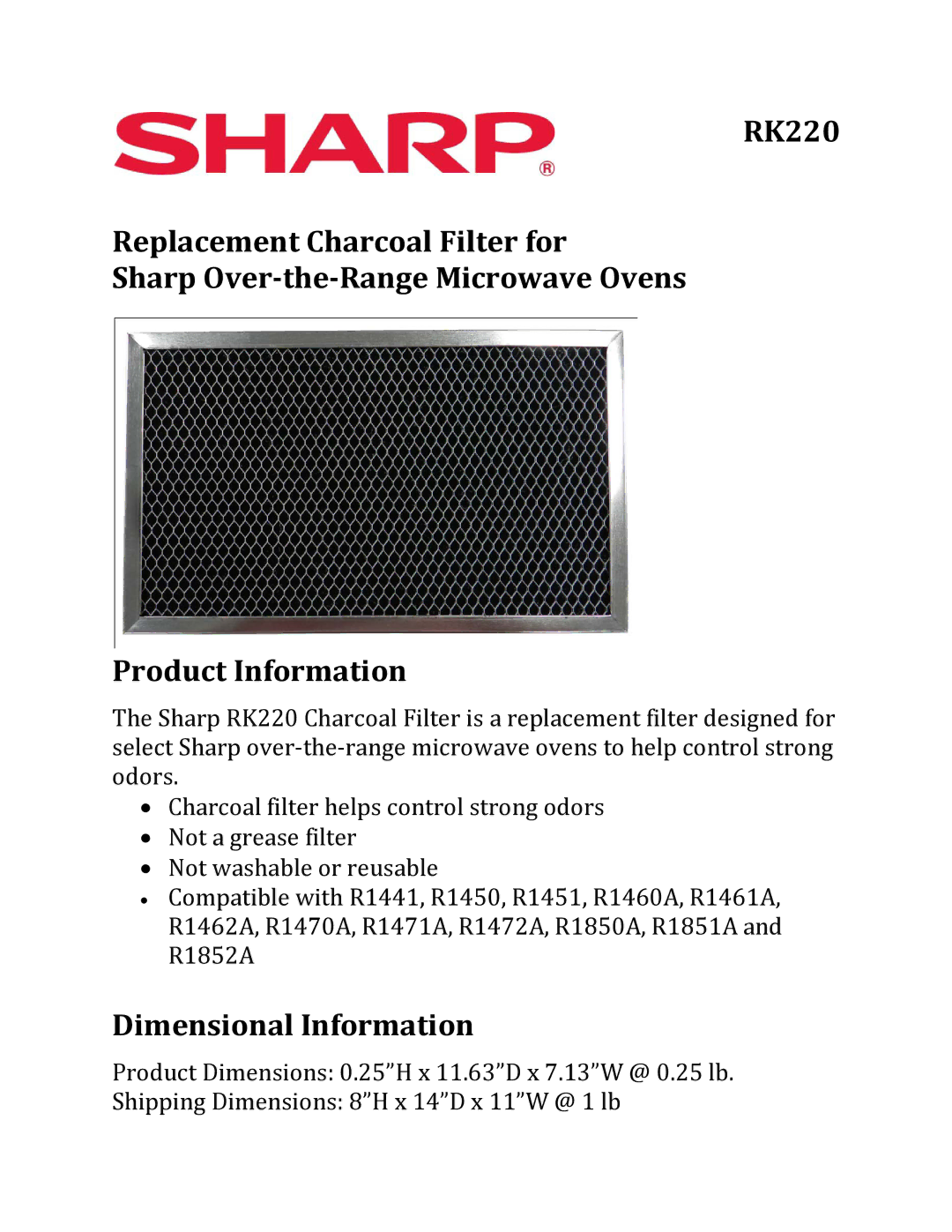 Sharp RK220 dimensions Dimensional Information 