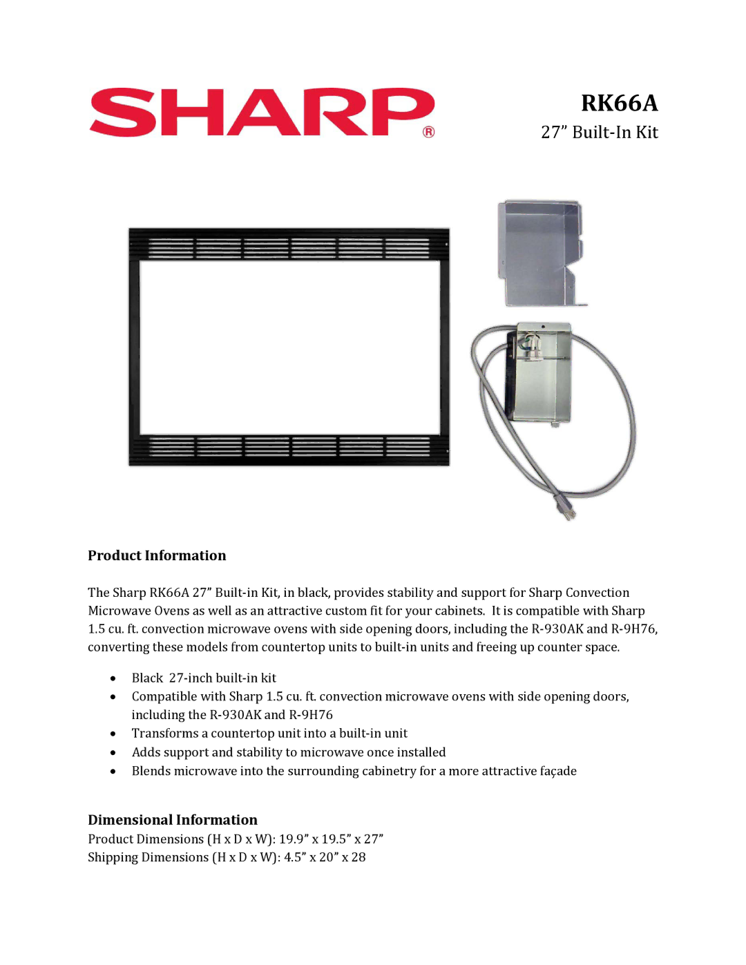 Sharp RK66A - BLACK dimensions Built-In Kit, Product Information, Dimensional Information 