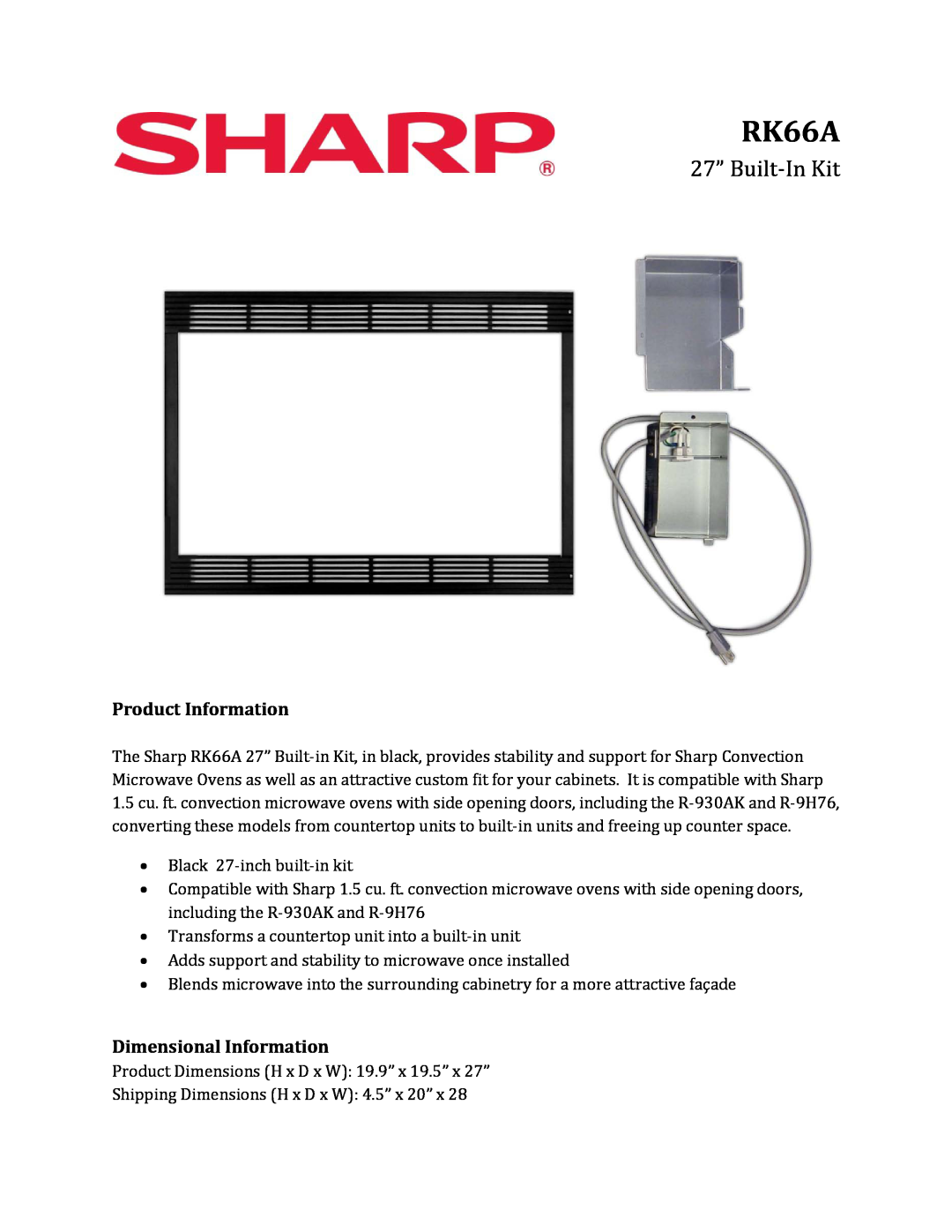 Sharp RK66A - BLACK dimensions 27” Built-In Kit, Product Information, Dimensional Information 