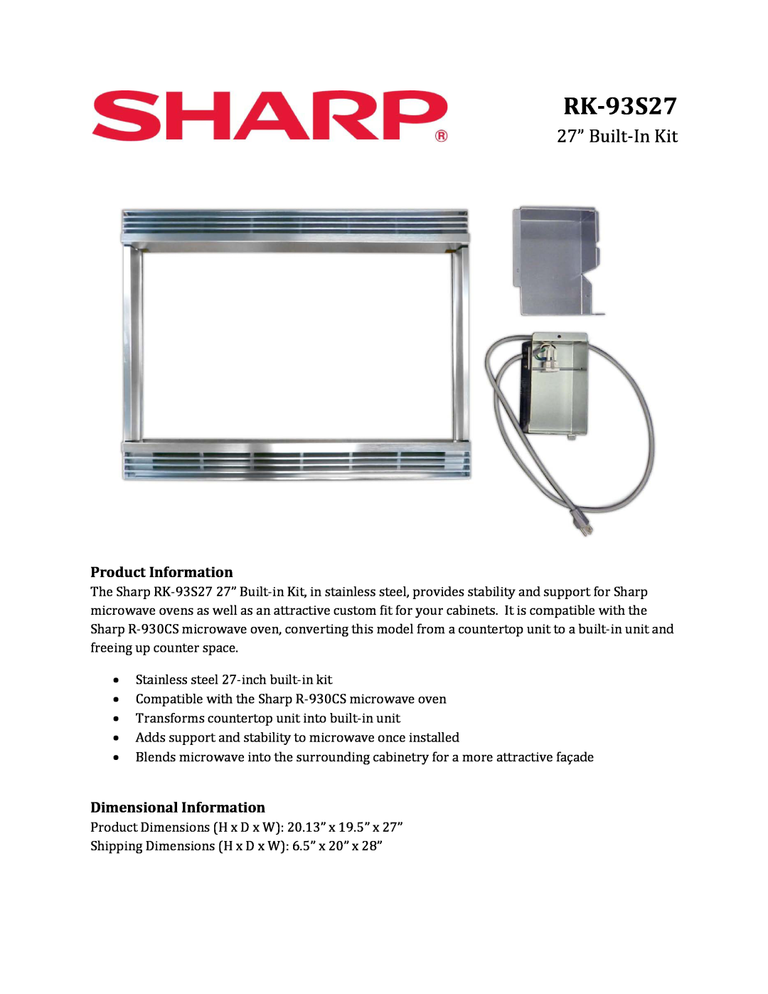 Sharp RK93S27 dimensions RK-93S27, 27” Built-In Trim Kit, Product Information, Dimensional Information 