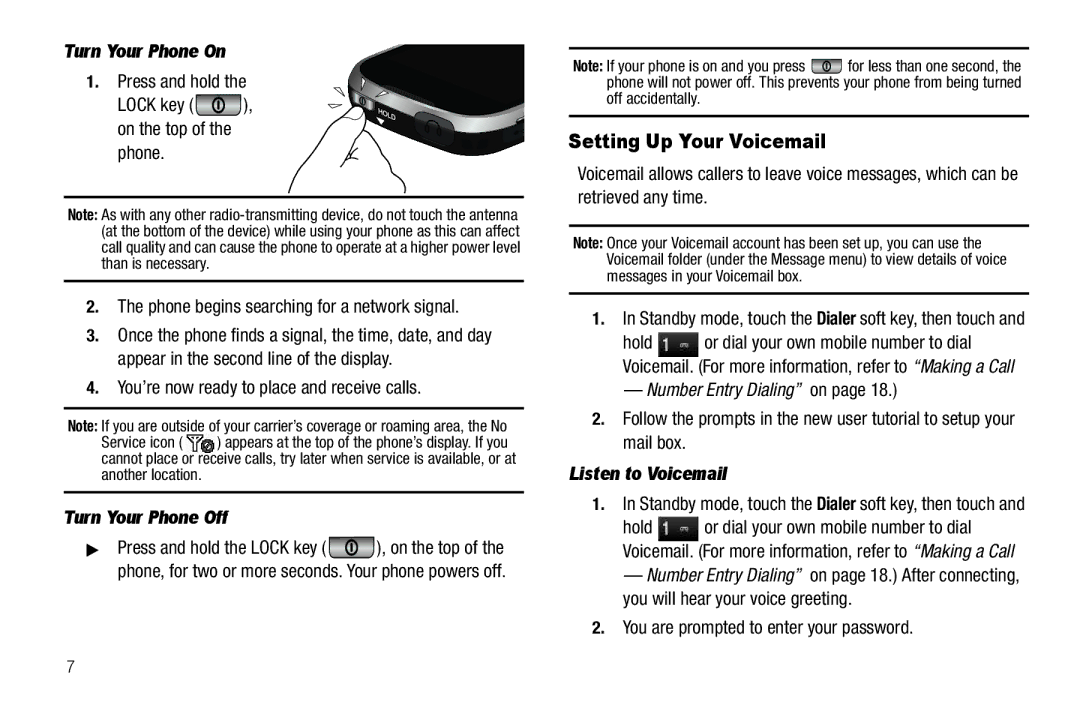 Sharp SCH-R850 user manual Setting Up Your Voicemail, Turn Your Phone On, Turn Your Phone Off, Listen to Voicemail 