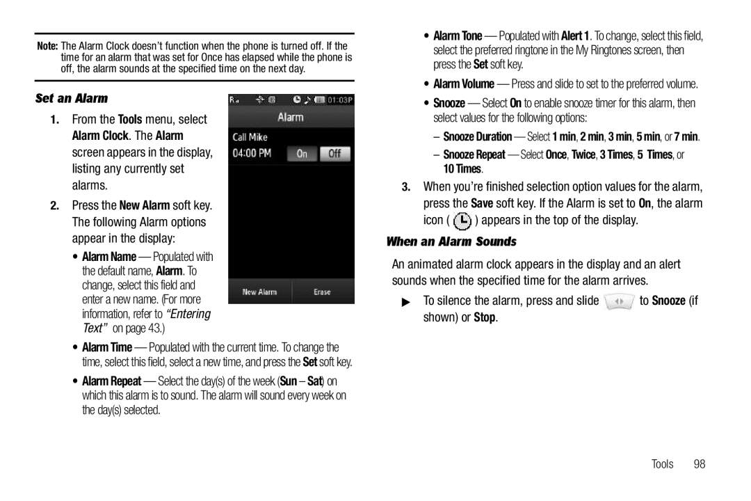 Sharp SCH-R850 user manual Set an Alarm, Icon appears in the top of the display, When an Alarm Sounds 