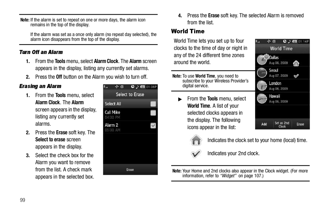 Sharp SCH-R850 user manual World Time, Turn Off an Alarm, Erasing an Alarm, Indicates your 2nd clock 