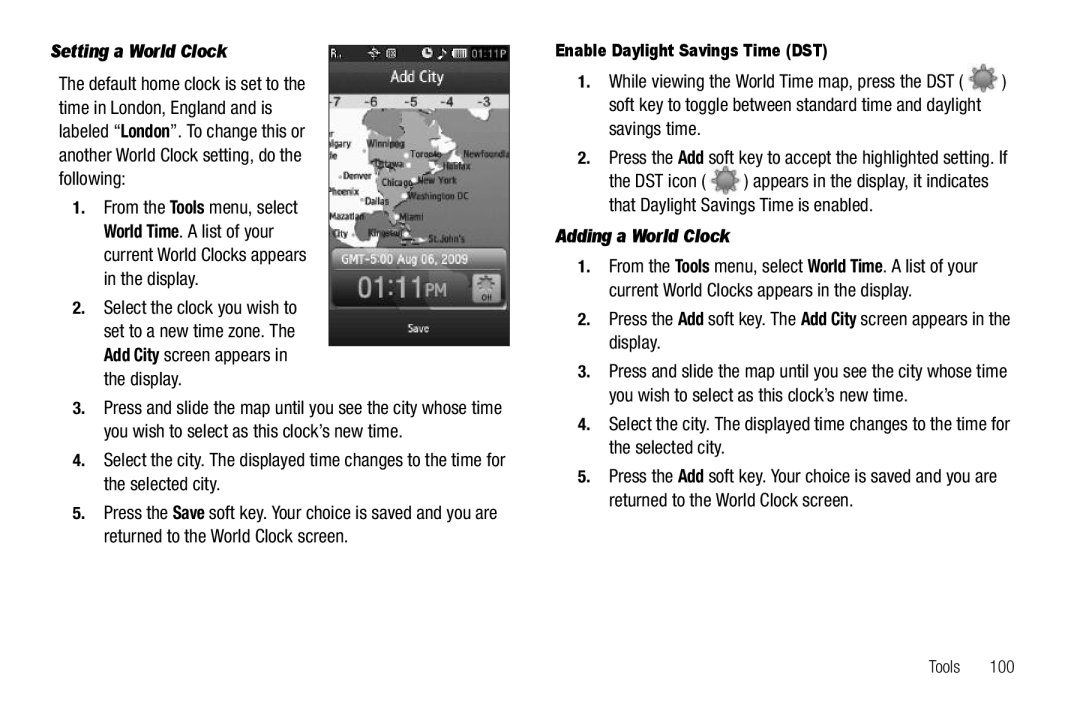 Sharp SCH-R850 user manual Setting a World Clock, Savings time, Adding a World Clock, Enable Daylight Savings Time DST 