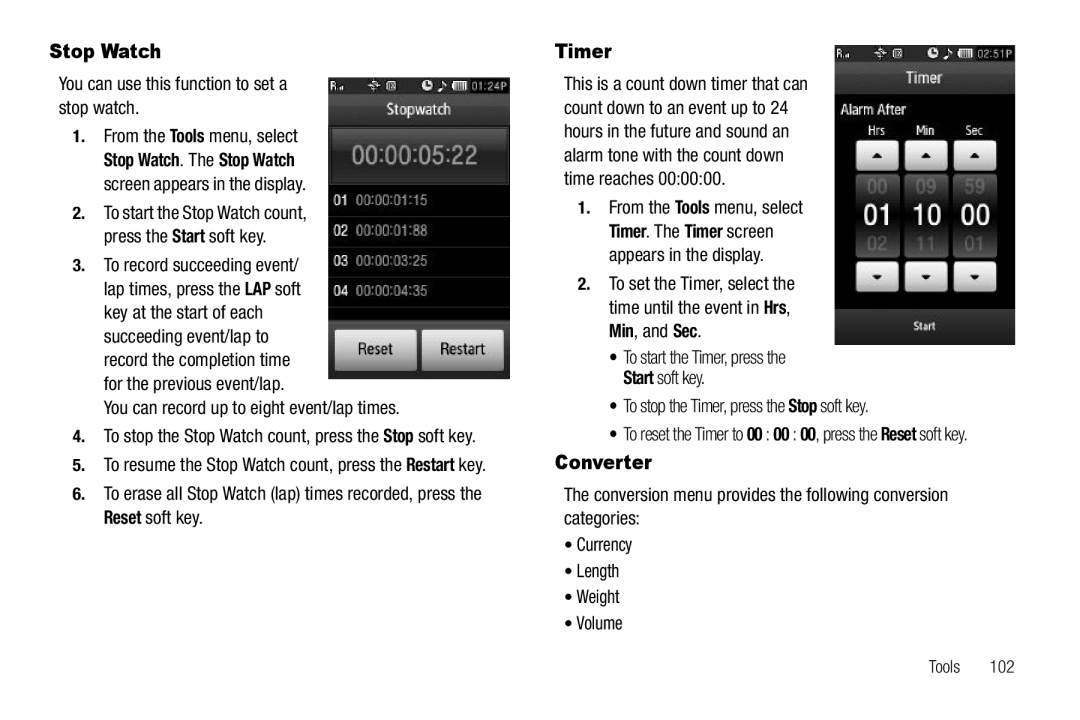 Sharp SCH-R850 user manual Stop Watch, Timer, Converter 