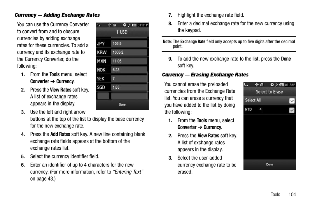 Sharp SCH-R850 user manual Currency Adding Exchange Rates, Currency Erasing Exchange Rates 