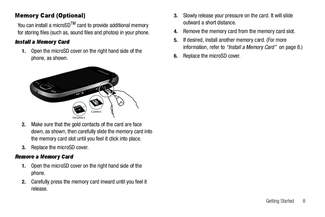 Sharp SCH-R850 user manual Memory Card Optional, Install a Memory Card, Replace the microSD cover, Remove a Memory Card 