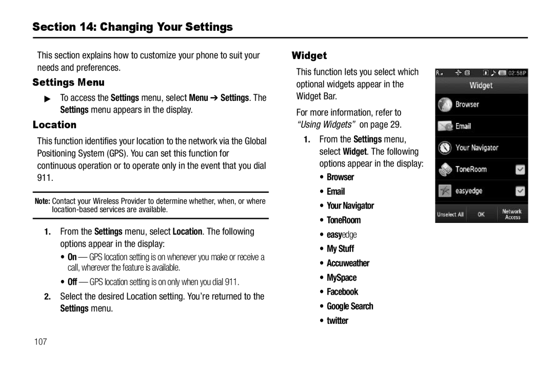 Sharp SCH-R850 user manual Changing Your Settings, Settings Menu, Location, Widget, 107 