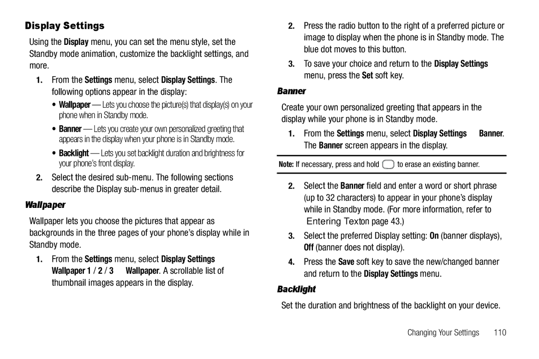 Sharp SCH-R850 user manual Display Settings, Wallpaper, Banner, 110 