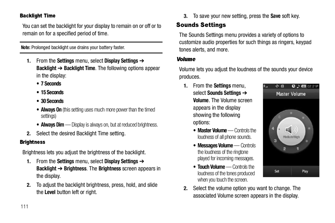 Sharp SCH-R850 user manual Sounds Settings, Select the desired Backlight Time setting, Brightness 