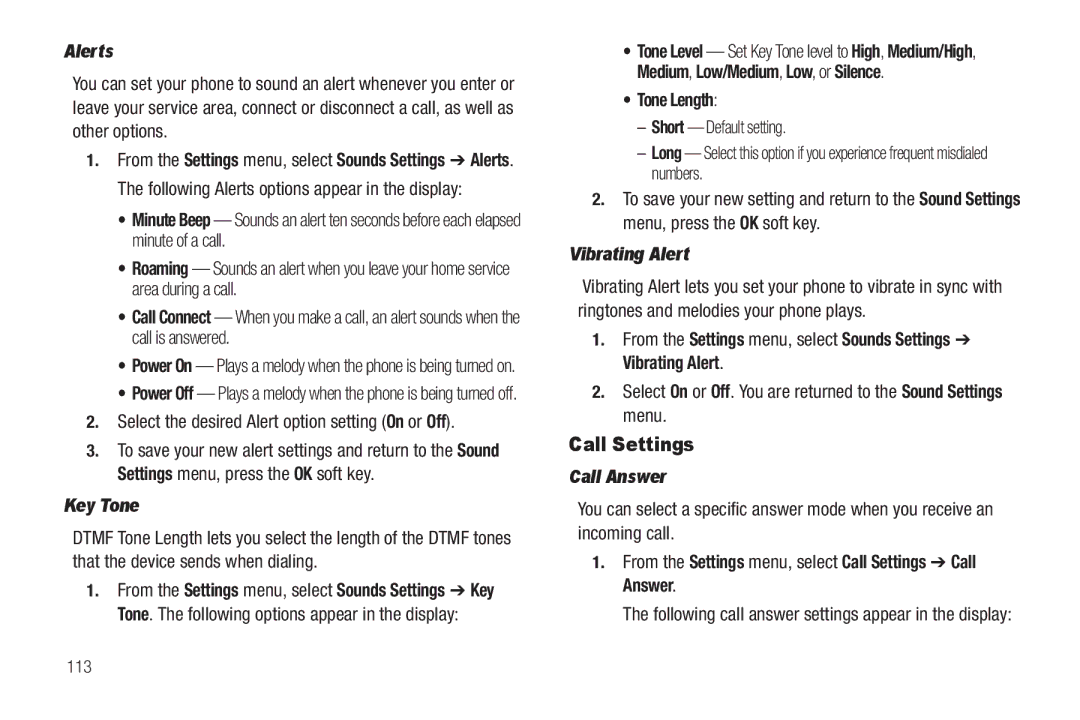 Sharp SCH-R850 user manual Call Settings, Alerts, Key Tone, Vibrating Alert, Call Answer 