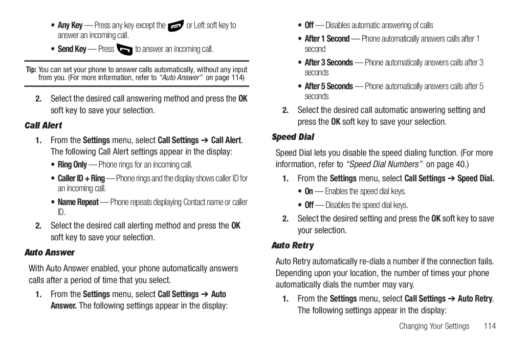 Sharp SCH-R850 user manual Call Alert, Auto Answer, Speed Dial, Auto Retry, 114 