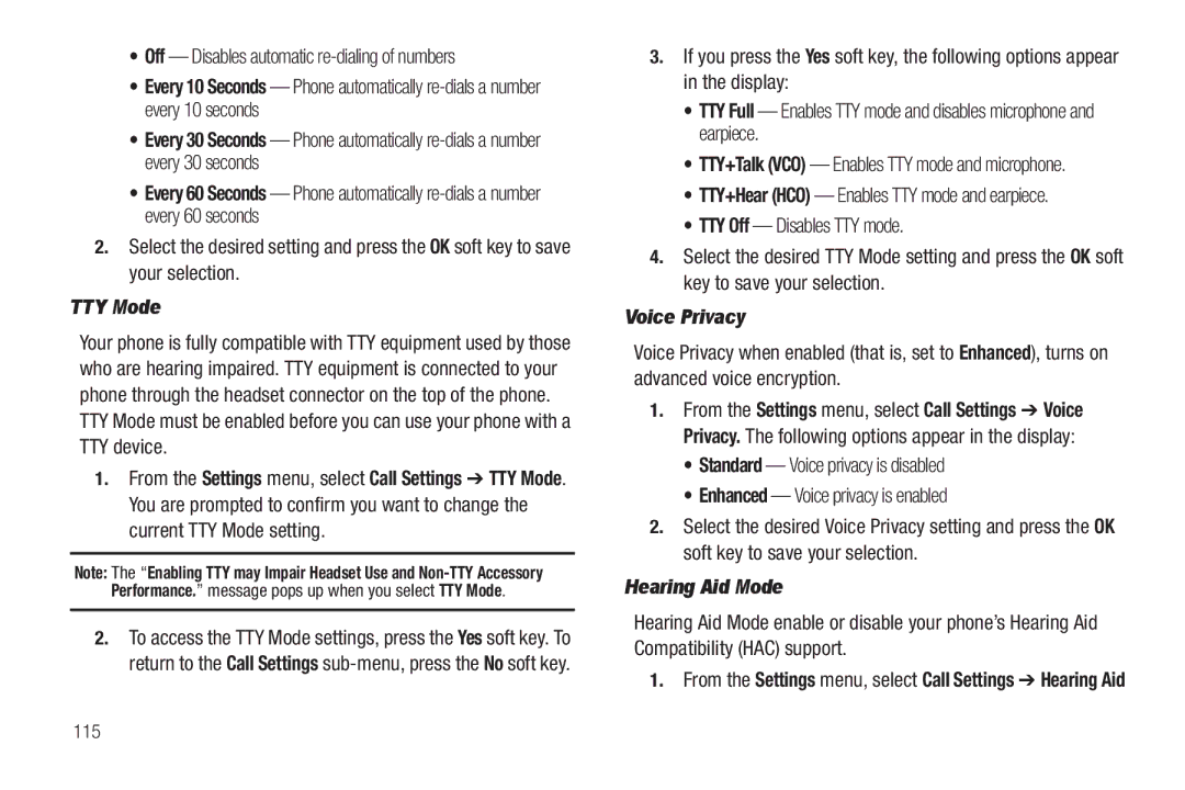 Sharp SCH-R850 user manual Off Disables automatic re-dialing of numbers, TTY Mode, Voice Privacy, Hearing Aid Mode, 115 