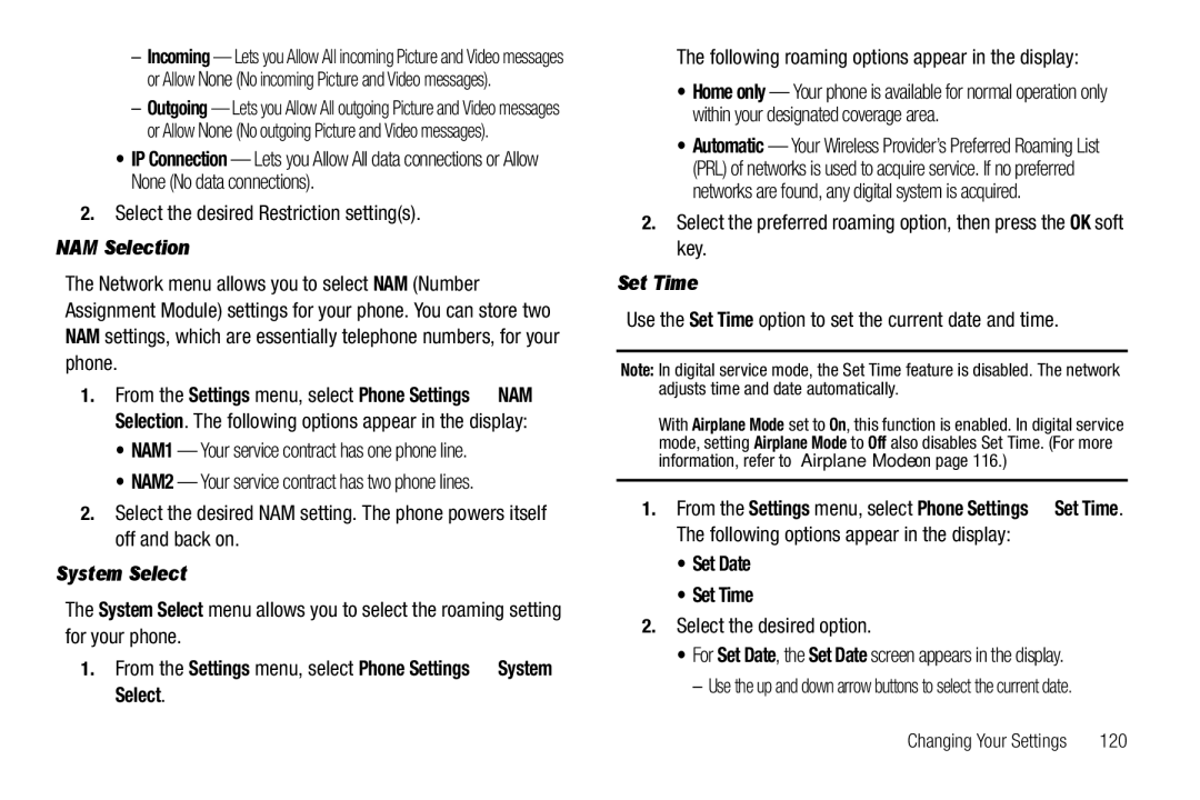 Sharp SCH-R850 NAM Selection, From the Settings menu, select Phone Settings System Select, Set Date Set Time 