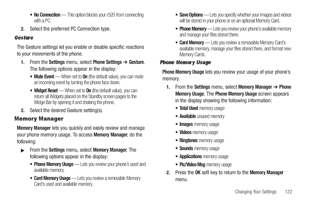 Sharp SCH-R850 user manual Memory Manager, Select the desired Gesture settings, Phone Memory Usage, 122 