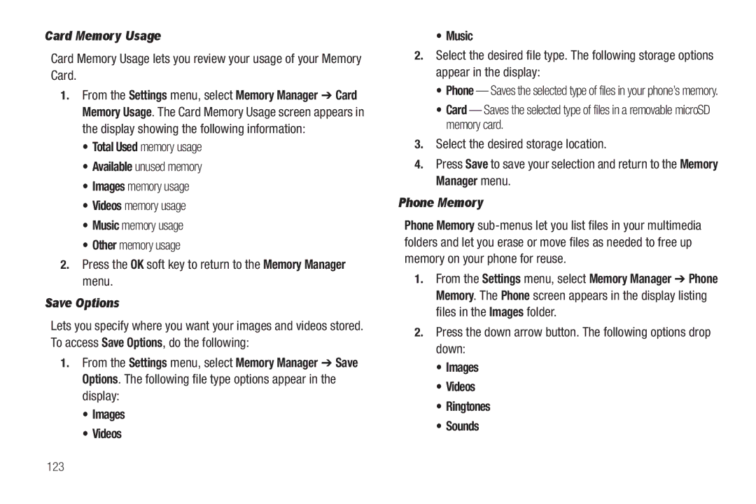 Sharp SCH-R850 user manual Card Memory Usage, Save Options, Phone Memory, Images Videos Ringtones Sounds, 123 