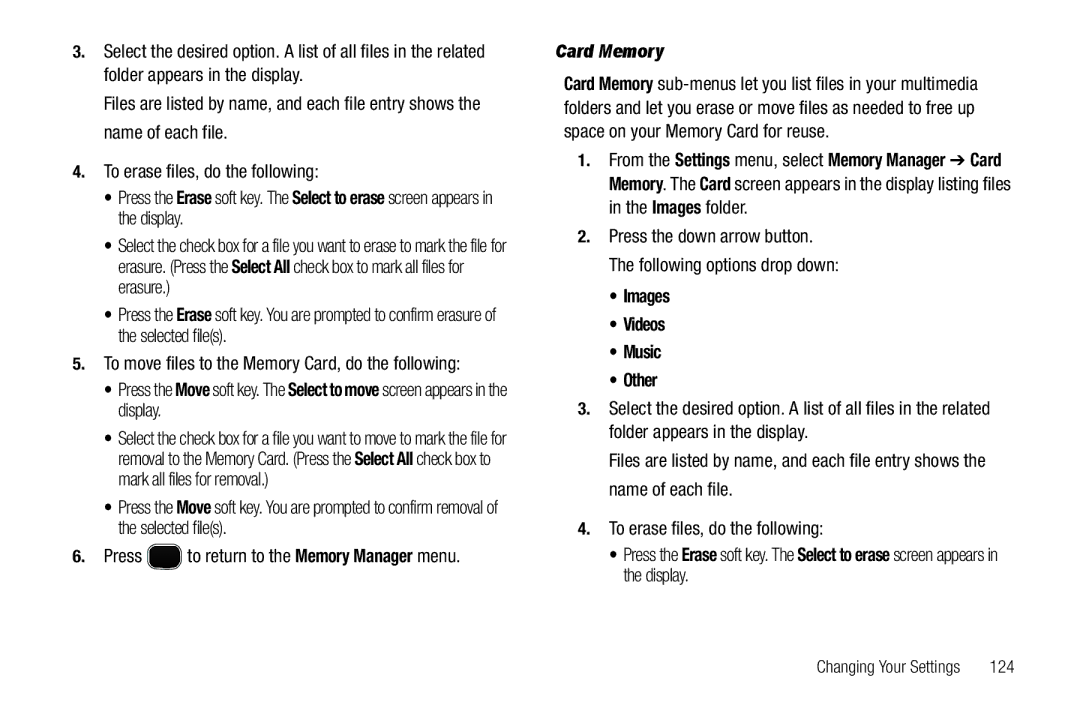 Sharp SCH-R850 user manual Card Memory, Images Videos Music Other, To move files to the Memory Card, do the following, 124 