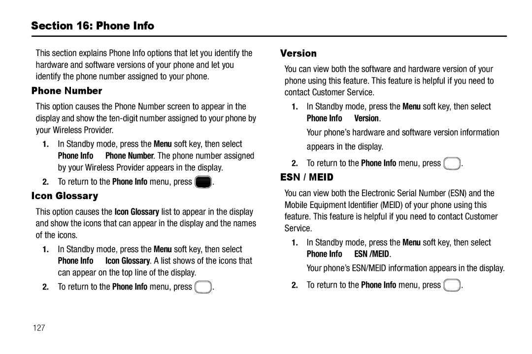 Sharp SCH-R850 user manual Phone Number, Icon Glossary, Version, To return to the Phone Info menu, press 