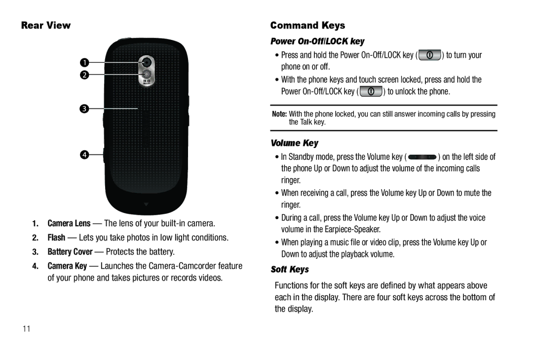 Sharp SCH-R850 user manual Rear View, Command Keys, Power On-Off/LOCK key, Volume Key, Soft Keys 