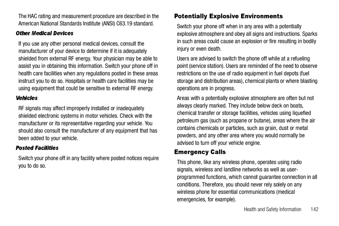 Sharp SCH-R850 Potentially Explosive Environments, Emergency Calls, Other Medical Devices, Vehicles, Posted Facilities 