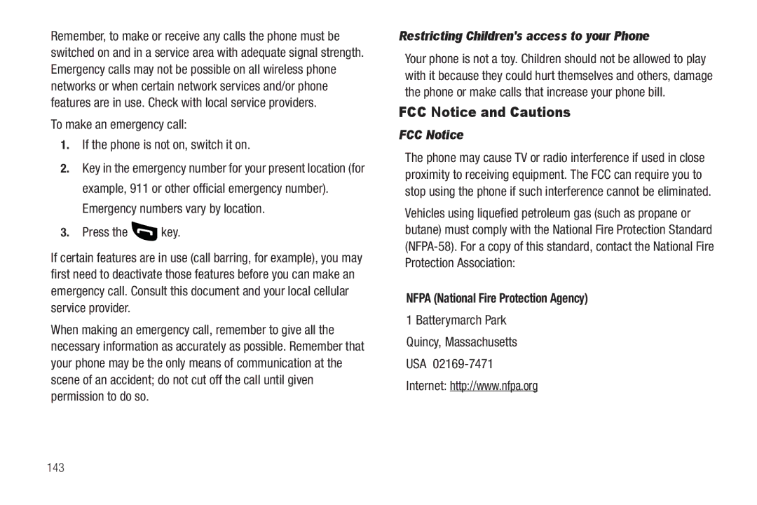 Sharp SCH-R850 FCC Notice and Cautions, Restricting Childrens access to your Phone, Nfpa National Fire Protection Agency 