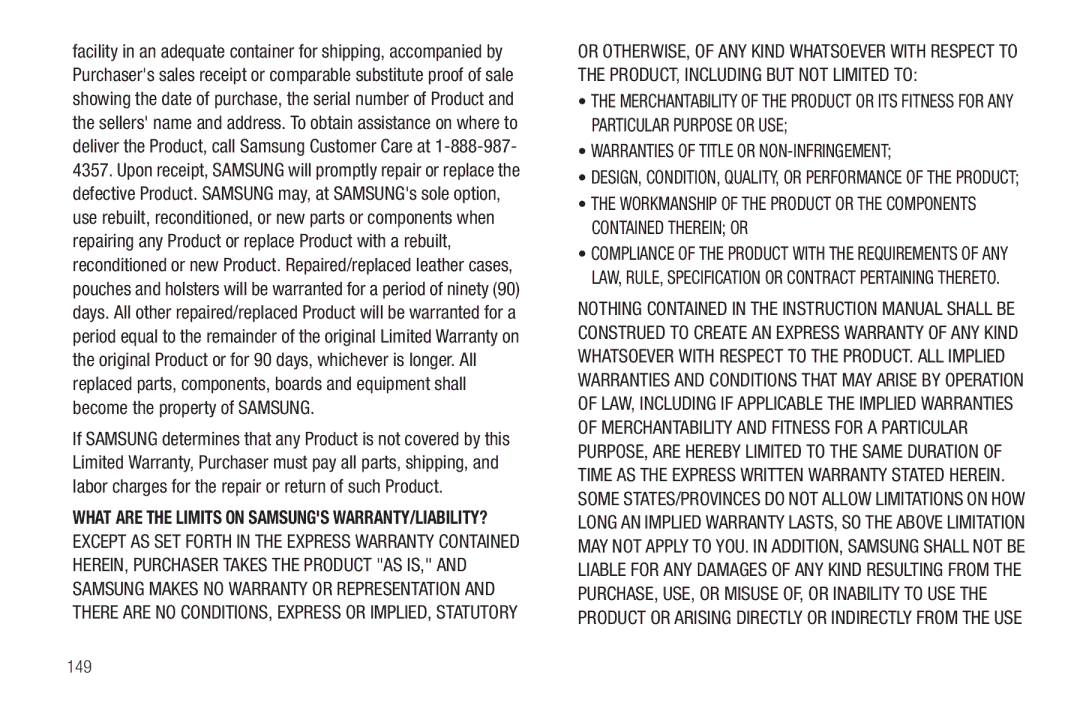 Sharp SCH-R850 user manual 149, What are the Limits on Samsungs WARRANTY/LIABILITY? 