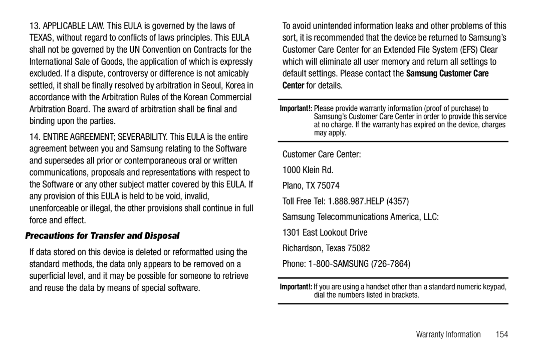 Sharp SCH-R850 user manual Precautions for Transfer and Disposal, Customer Care Center Klein Rd Plano, TX, 154 