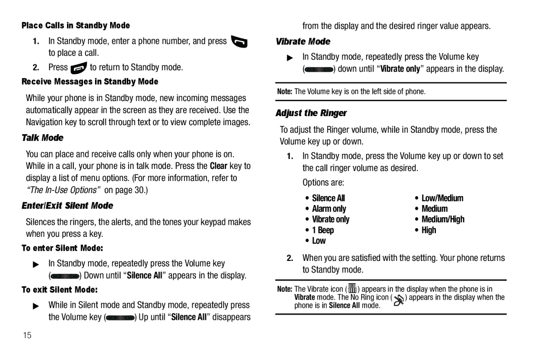 Sharp SCH-R850 user manual Talk Mode, Enter/Exit Silent Mode, Vibrate Mode, Adjust the Ringer 