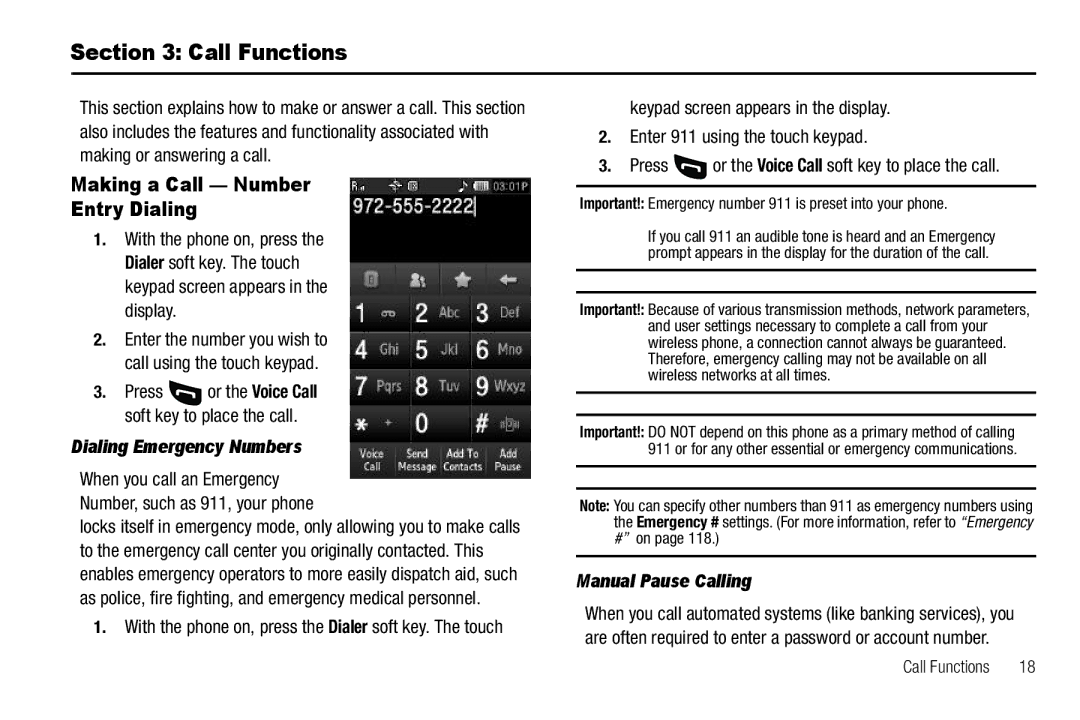 Sharp SCH-R850 Call Functions, Making a Call Number Entry Dialing, Dialing Emergency Numbers, Manual Pause Calling 