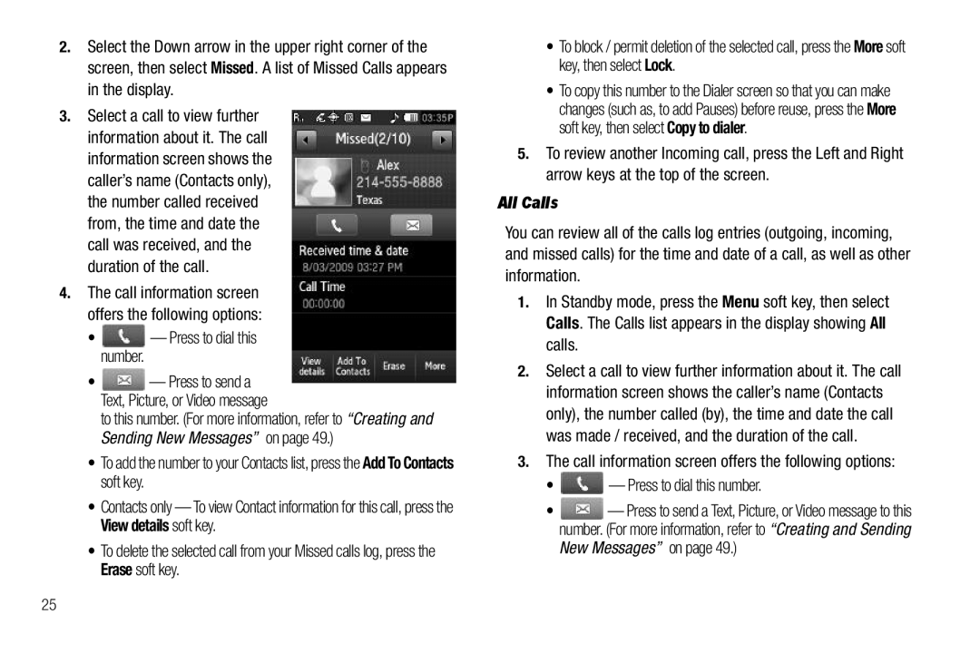 Sharp SCH-R850 user manual All Calls, Call information screen offers the following options 