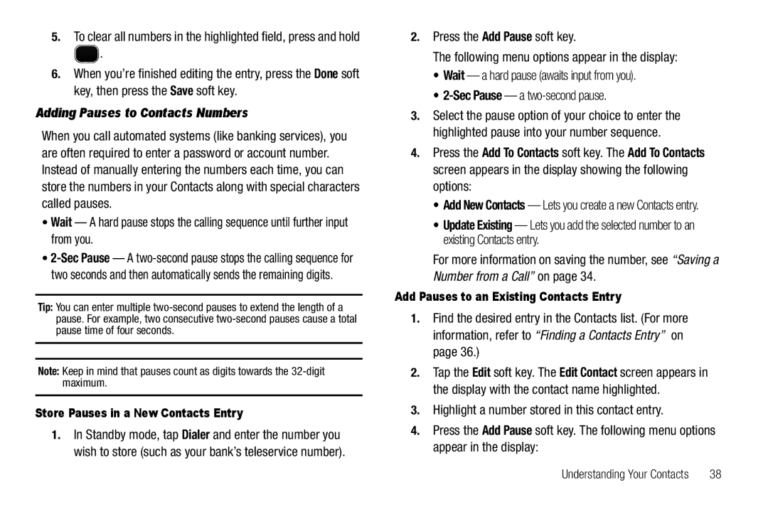 Sharp SCH-R850 user manual Adding Pauses to Contacts Numbers, Store Pauses in a New Contacts Entry 