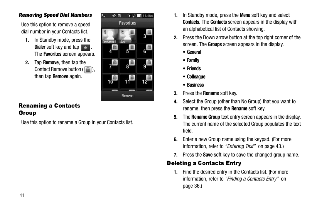 Sharp SCH-R850 user manual Renaming a Contacts Group, Deleting a Contacts Entry, Removing Speed Dial Numbers 