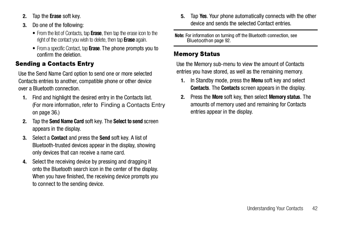 Sharp SCH-R850 user manual Sending a Contacts Entry, Memory Status, Tap the Erase soft key Do one of the following 