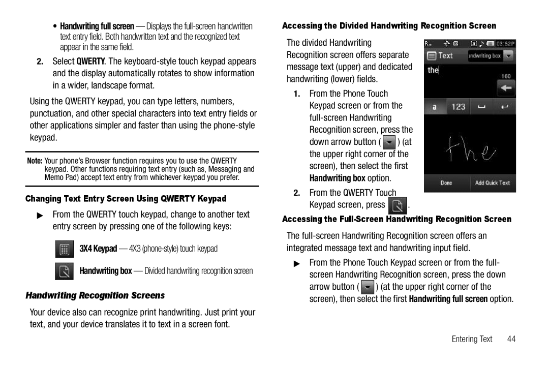 Sharp SCH-R850 user manual Handwriting Recognition Screens, Recognition screen, press, From the Qwerty Touch 