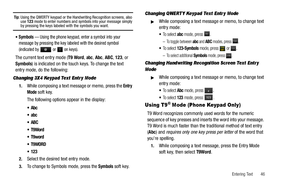 Sharp SCH-R850 user manual Using T9 Mode Phone Keypad Only, Changing 3X4 Keypad Text Entry Mode 