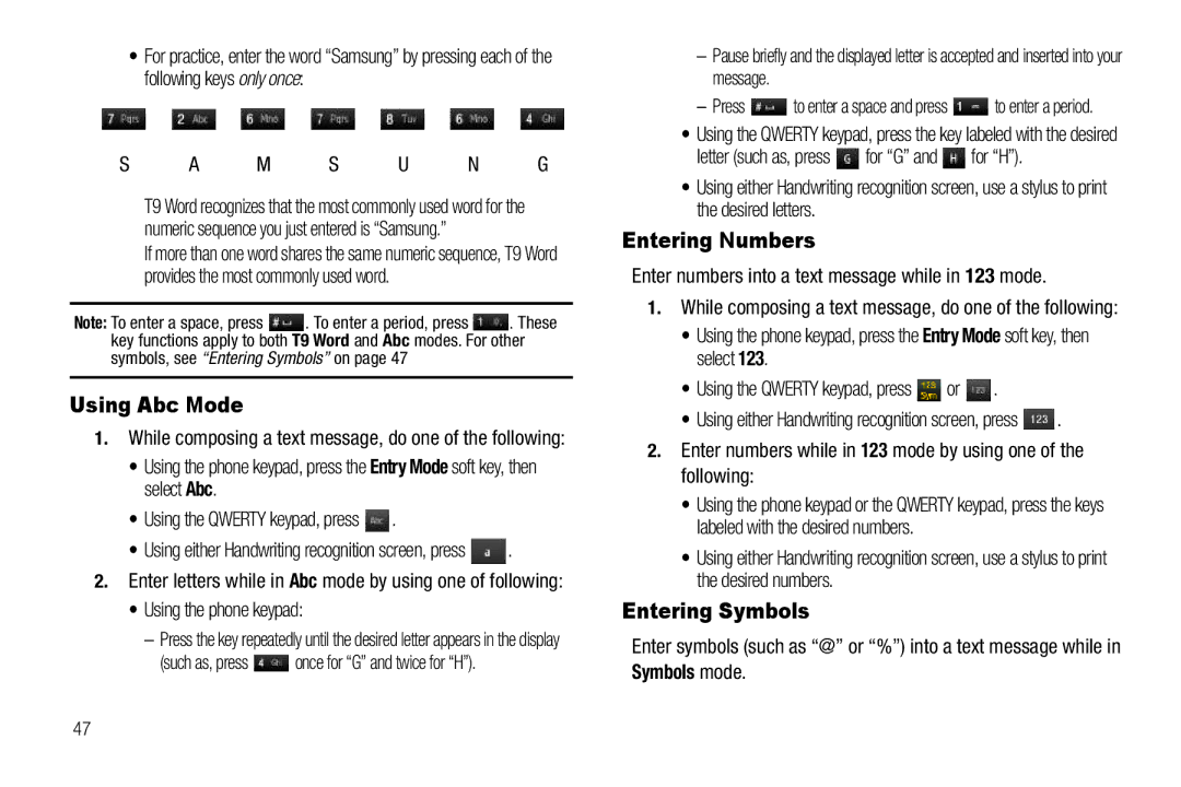 Sharp SCH-R850 user manual Using Abc Mode, Entering Numbers, Entering Symbols, Symbols mode 