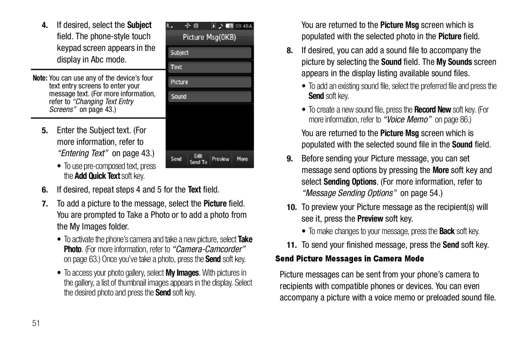 Sharp SCH-R850 user manual If desired, repeat steps 4 and 5 for the Text field, Send Picture Messages in Camera Mode 