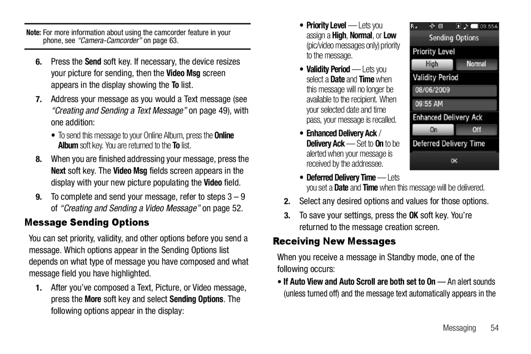 Sharp SCH-R850 user manual Message Sending Options, Receiving New Messages, Deferred Delivery Time Lets 