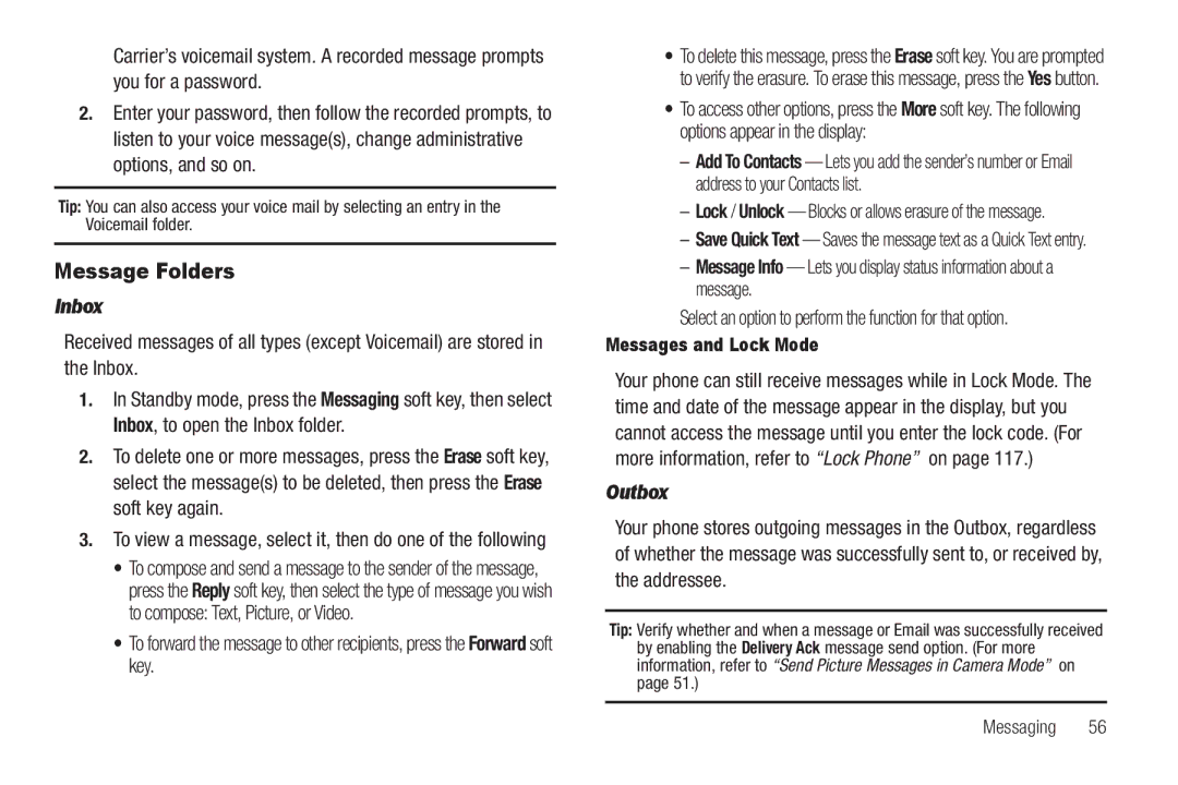 Sharp SCH-R850 user manual Message Folders, Inbox, Outbox, Select an option to perform the function for that option 