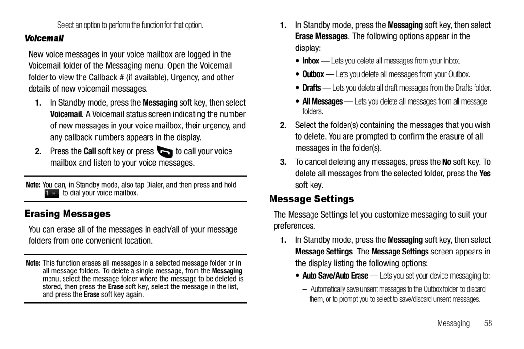 Sharp SCH-R850 Erasing Messages, Message Settings, Voicemail, Inbox Lets you delete all messages from your Inbox 